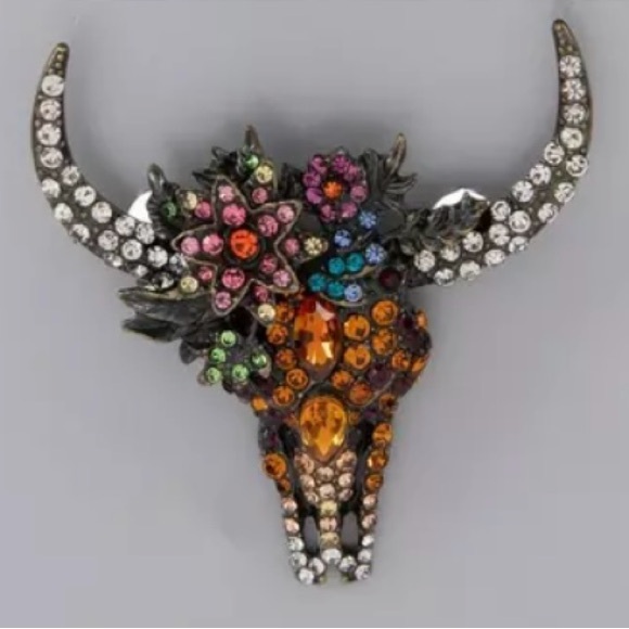 Rhinestone Western, Cowboy, Longhorn Skull Bull Head, Southwestern Brooch, Pin - Picture 6 of 6